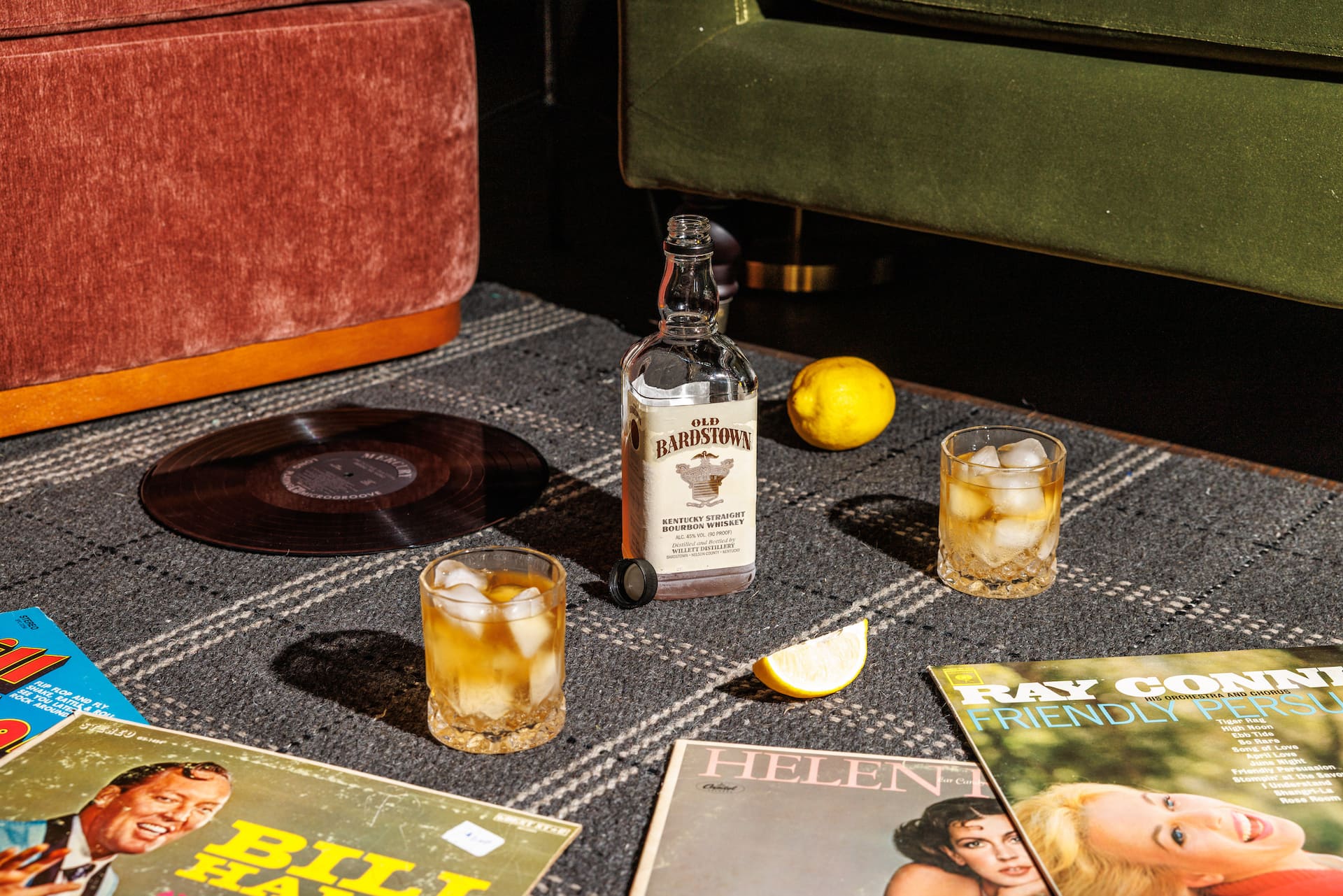 Bourbon drinks and records ready for a relaxed evening
